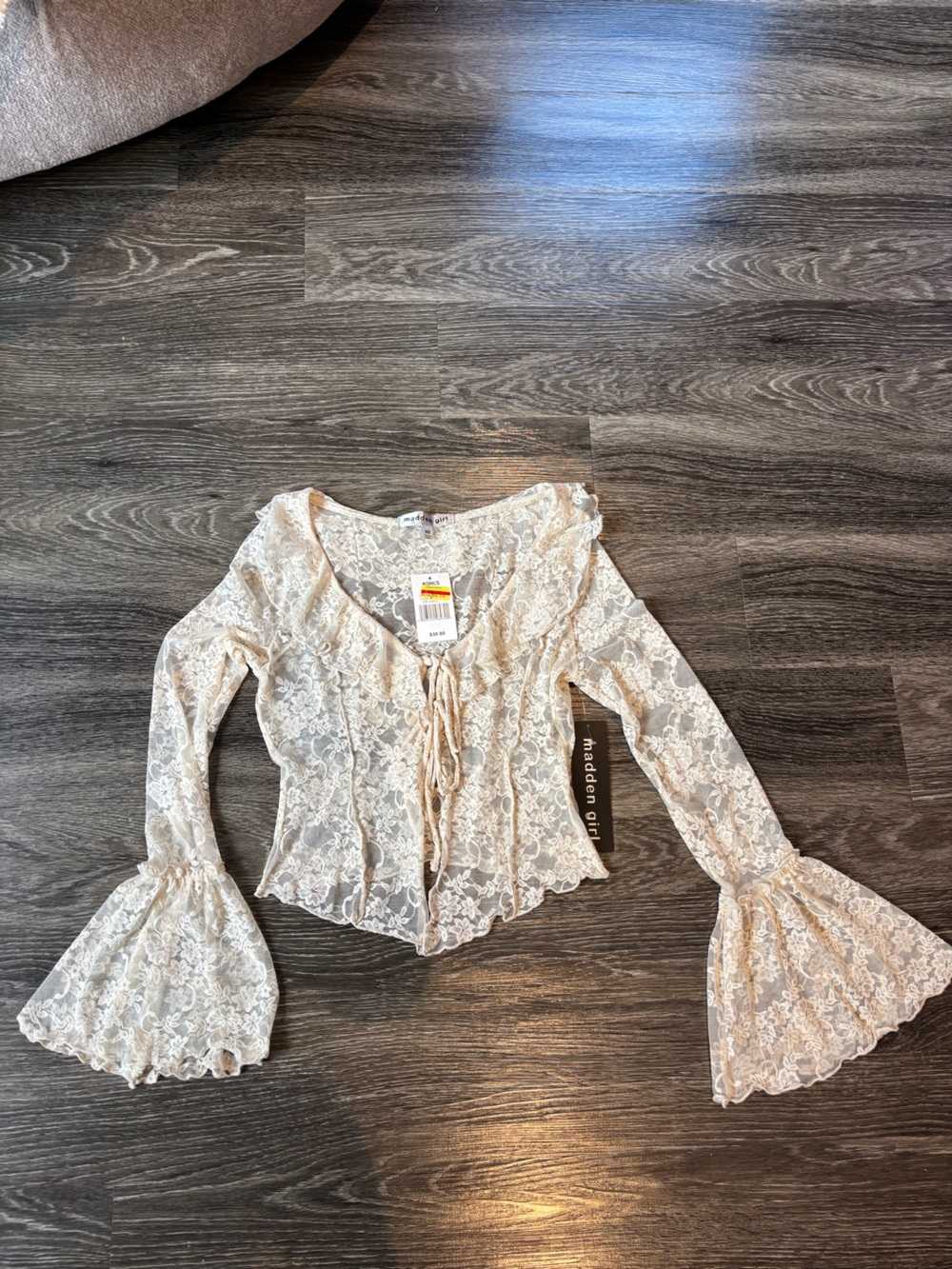 Madden Girl Cream Lace Tie-Front Blouse
